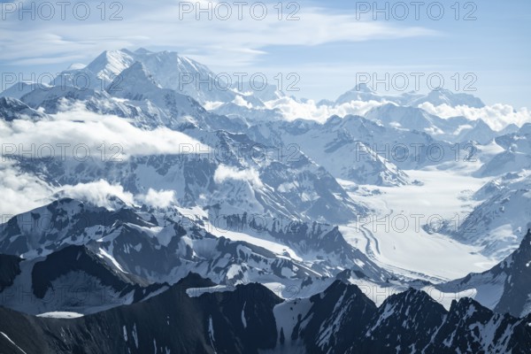 Snow and ice, epic mountains with glaciers, Mt Denali or Mount McKinley, aerial view, Alaska Range, Denali National Park, Alaska, USA
