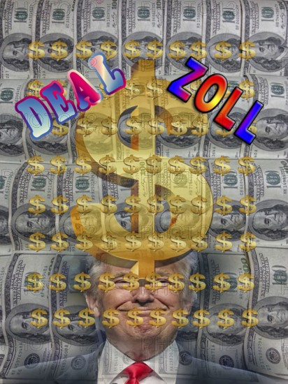 Symbolic image, Trump-Bitcoin, questionable speculative profits for himself, morality as president, deal and customs as ultimatum, stock market prices, insecure digital currency, resources, energy, industry, economy critical, stock market hype, stock market crash, payment, insolvency, wrong decisions, maximum profit, profit collapse, share prices, location Germany, world economy, globalisation, environmental protection, mafia, Trump government, Bitcoin rally, cryptocurrency, electronic wallet wallet, crypto reserve, price development, stock market trading