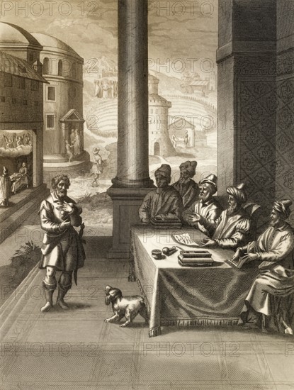 Jesus Christ is falsely accused, New Testament, steel engraving 1853, digitally restored