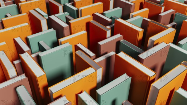 Bright books stand out among darker volumes, inviting exploration and learning in a unique library setting at twilight