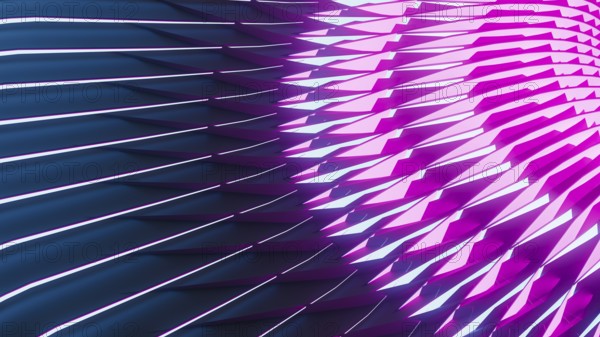 Bright neon lights illuminate a backdrop of abstract geometric shapes, creating an engaging visual display filled with color and intrigue