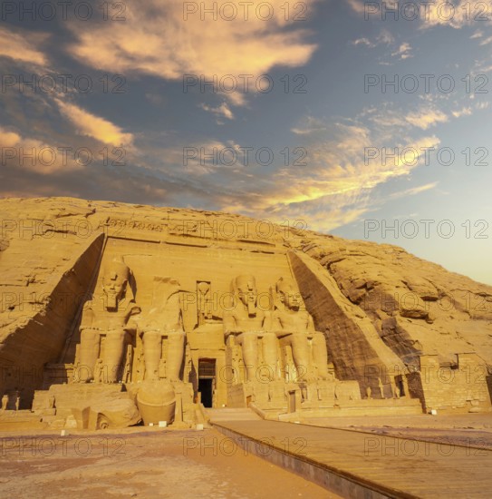 The incredible Abu Simbel Temple rebuilt on the mountain in southern Egypt in Nubia next to Lake Nasser. Temple of Pharaoh Ramses II, travel lifestyle