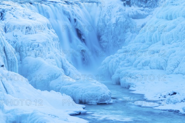 Gullfoss, waterfall of the Hvítá river, detail, ice, frost, snow, winter, Haukadalur, Iceland, Scandinavia