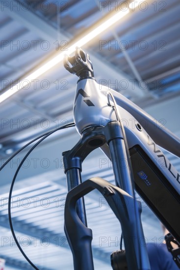 Top view of a bicycle fork and frame with light in a modern workshop environment, Waldbike Manufaktur, bicycle workshop, Calw, district of Calw, Black Forest, Germany