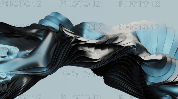 Dynamic abstract composition featuring fluid and metallic waves in shades of black and blue in 3D. A captivating blend of texture and motion on a soft background