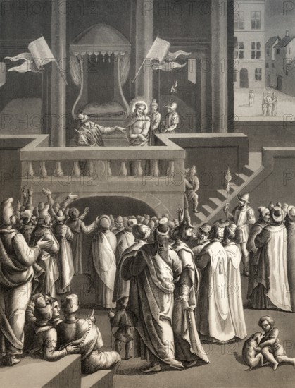 Pilate presenting a scourged Jesus to the people of Jerusalem, New Testament, steel engraving 1853, digitally restored