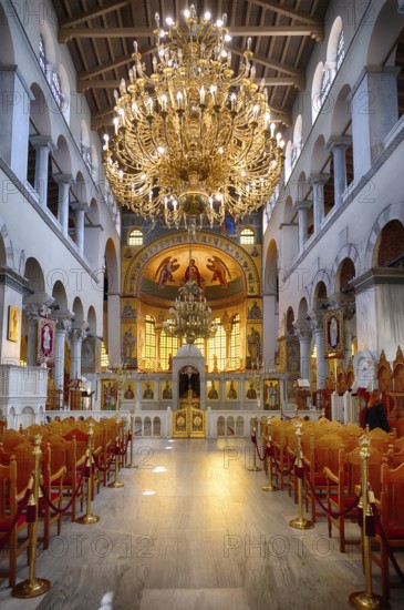 Interior view of Hagios Demetrios Church, also known as Agios Dimtrios or Demetrios Basilica, chandelier, Thessaloniki, Macedonia, Greece