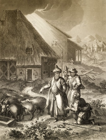 The Parable of the Prodigal Son, swineherd, New Testament, steel engraving 1853, digitally restored