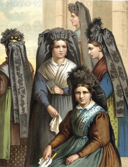 Traditional costumes in Germany around 1820, Thuringia, group of woman in traditional traditional costume with elaborate headdresses, digitally retouched reproduction of a model from around 1850, by Albert Kretschmer (27 February 1825, 11 July 1891), German painter and costume expert