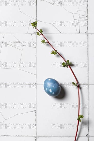 Top view of a single blue Easter egg adorned with a fresh green sprig on a textured white tiled background, symbolizing spring and renewal