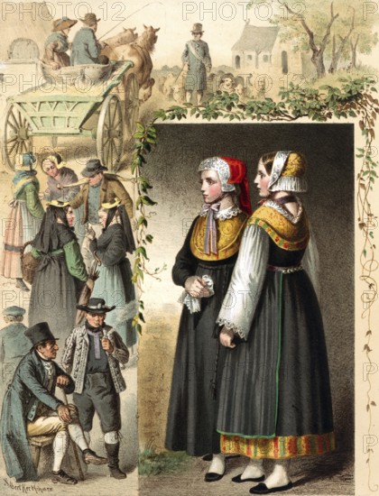 Traditional costumes in Germany around 1820, Mecklenburg, scenes of a village market with people in traditional dress, digitally retouched reproduction of a model from around 1850, by Albert Kretschmer (27 February 1825, 11 July 1891), German painter and costumier