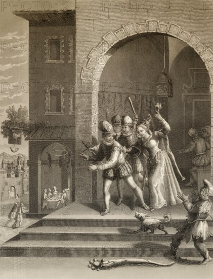 The Parable of the Prodigal Son, wastes all his money, New Testament, steel engraving 1853, digitally restored