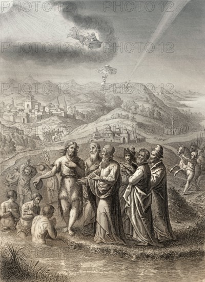 The Jews sent priests and Levites from Jerusalem to ask John the Baptist, Steel engraving 1853, digitally restored
