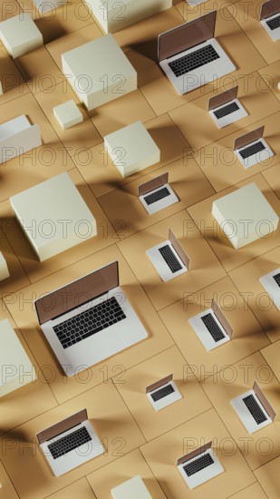 Multiple laptops arranged on a tiled background featuring abstract geometric shapes and blocks, showcasing a contemporary tech aesthetic