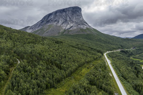 Aerial view of road E6, granite rock formation Krakmo, Norway