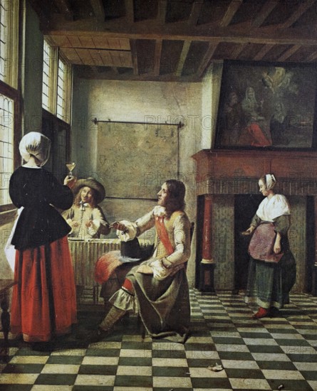Family picture with maid, interior painting by Pieter de Hooch, 1629 - 1684, Dutch Baroque painter, digital reproduction of an original from the 19th century, historical