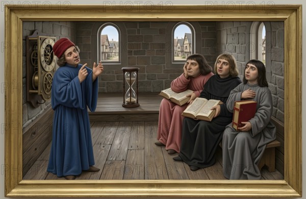 Disputation, scientific dispute, teaching at a university in the Middle Ages, historical illustration, digitally edited, lecture, university, education, science, examination