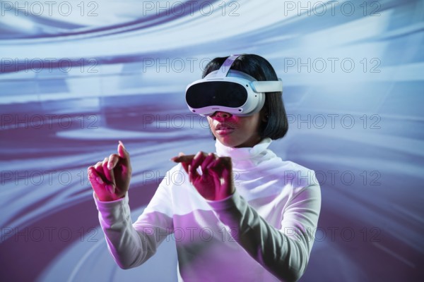 Latin woman immersed in a virtual reality experience, wearing VR glasses and interacting with a digital environment. The futuristic setting emphasizes innovation and technology