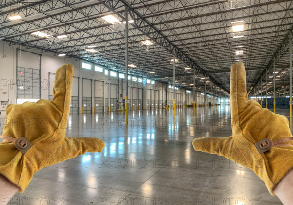 Framing Hands Wearing Leather Construction Gloves in Empty Industrial Warehouse