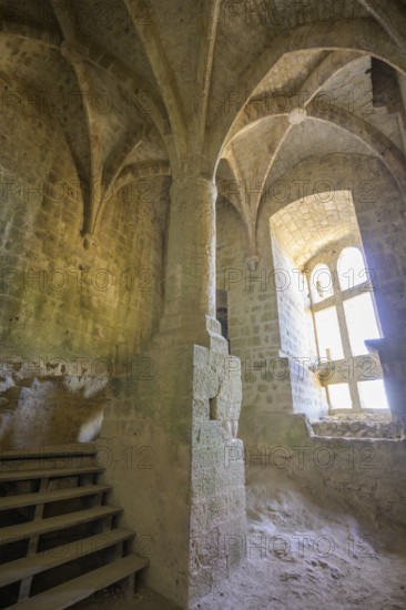 High room with ribbed vault in the Cathar castle of Quéribus, Cucugnan, Département Aude, France