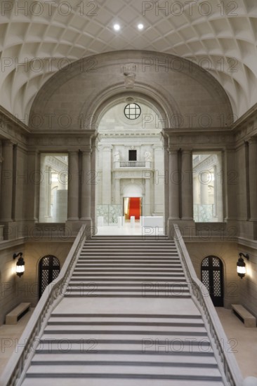 View of the renovated central staircase of the Berlin State Library in the Unter den Linden building. Since 2005, the State Library has undergone fundamental refurbishment while the library continued to operate, and the basic refurbishment by the Federal Office for Building and Regional Planning has now been completed