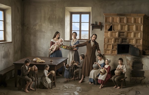 Homework with child labor around 1847, historical illustration, digitally edited, exploitation, day labourers, capitalism, work, education