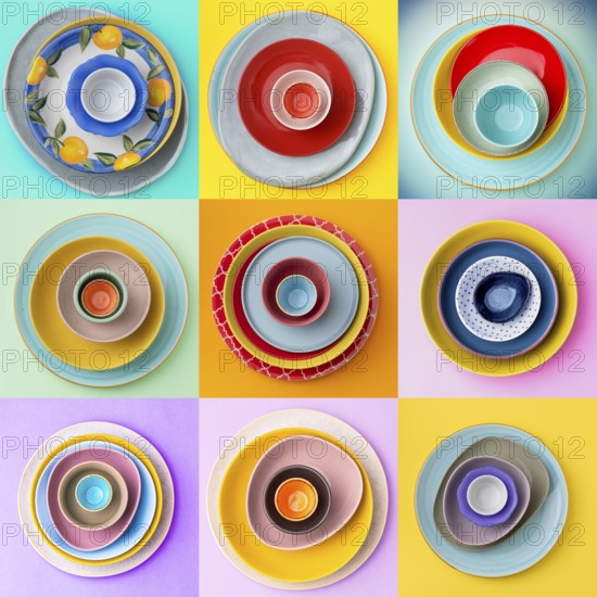A grid layout of colorful plates and bowls showcases vibrant patterns and colors, creating a lively and artistic arrangement on various backgrounds