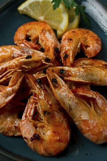 Fried with spices, King prawns, undivided, top view, selective focus, seafood, shrimp, no people