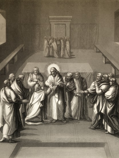 Christ's appearance with doubting Thomas, New Testament, steel engraving 1853, digitally restored