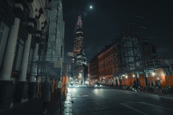 Street scene at night with illuminated buildings and a tranquil atmosphere, New Year's Eve London, United Kingdom