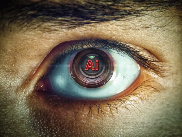 Symbolic photo, AI and AI idealized as perfection of the future, ChatGBT, AI, OpenAI, chatbot, artificial intelligence, IT system, computer science, AI learning, IT technology, computer system, software, Microsoft, Google, Meta, Amazon, Nvidia, Deepseek, surveillance, camera in the eye, silicon brain, thinking machine, creativity, new wonder of the world, Einstein replacement, questionable intelligence, AI research, voice robot, algorithm, web threat