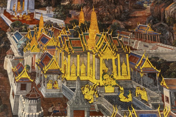 The Grand Royal Palace, Wat Phra Kaeo Buddhist Temple, wall painting on galleries with Buddhist motifs, Phra Nakhon, Bangkok, Thailand's metropolis, Thailand