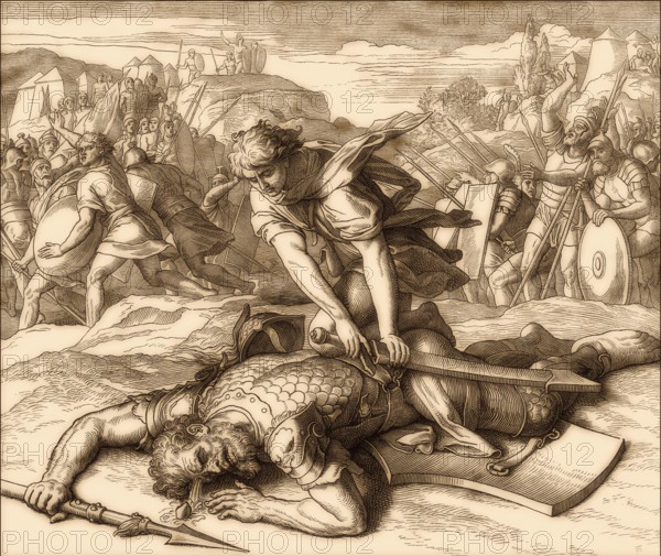 David killing the enemy champion Goliath, Old Testament, by Julius Schnorr von Carolsfeld