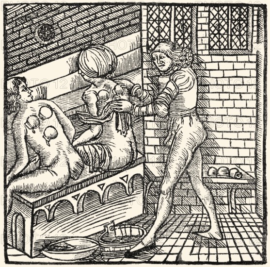 Cupping therapy, woodcut, 1519, Therapieverfahren mit Schröpfköpfen, Holzschnitt, 1519