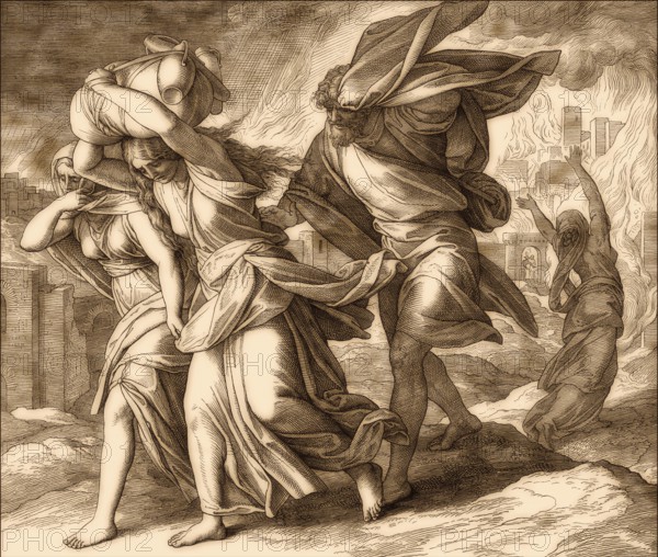 Lot and his family fleeing from burning Sodom and Gomorrah, Old Testament, by Julius Schnorr von Carolsfeld, 1860