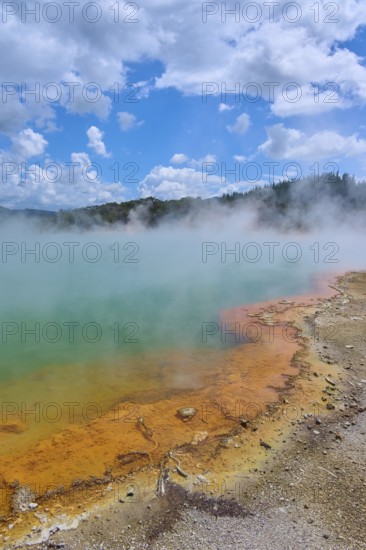A hot spring with colourful rim and rising steam, Champagne Pool thermal lake, Wai-O-Tapu Thermal Wonderland, Rotorua, North Island, New Zealand