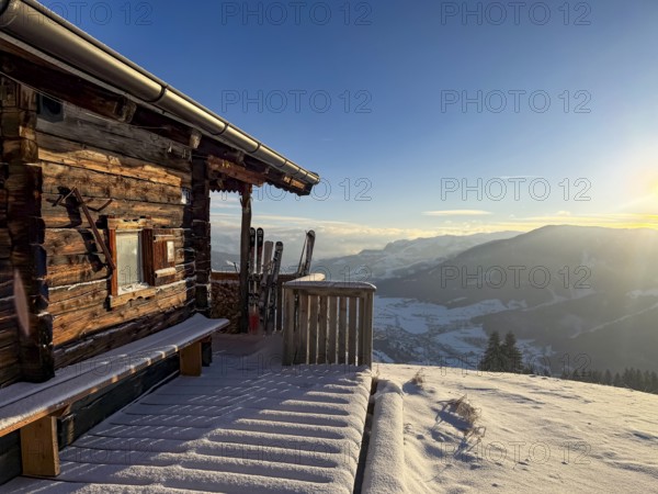 Mountain hut with fresh snow in the morning, in winter, Hochbrixen, Kitzbühel Alps, Tyrol, Austria