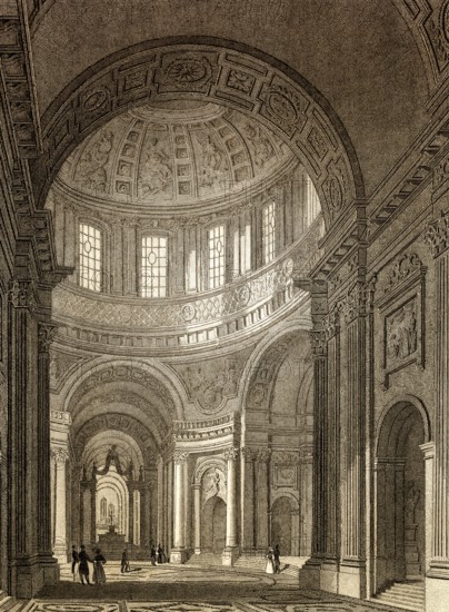 Interior, Dome of Les Invalides, Paris, antique steel engraved print, 1831