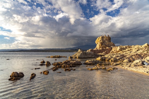 Ruins of a Genoese tower on La Tonnara beach near Bonifacio, Corsica, France