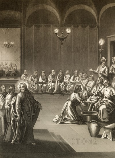 Jesus Washes the Disciples' Feet, New Testament, steel engraving 1853, digitally restored