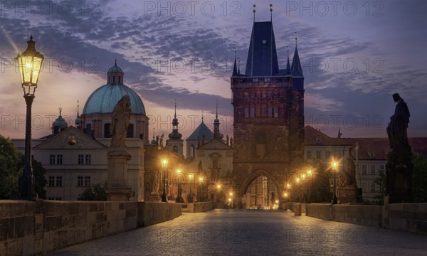 Charles Bridge in the evening, Apostle, Prague, Czech Republic, Prague, Czech Republic