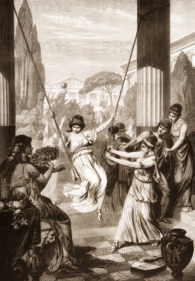 Girls playing with a children swing, Greek Allegory, ancient Greece
