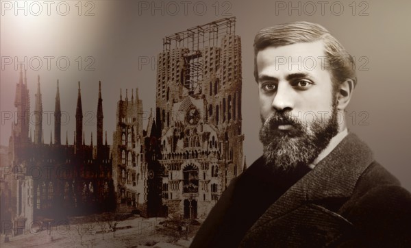 Portrait of Antoni Gaudí i Cornet, 1852 – 1926, Catalan architect and designer from Spain, the greatest exponent of Catalan Modernisme, Construction site of the Basílica i Temple Expiatori de la Sagrada Família, known as Sagrada Família, 1908, Barcelona, Catalonia, Spain, digitally edited