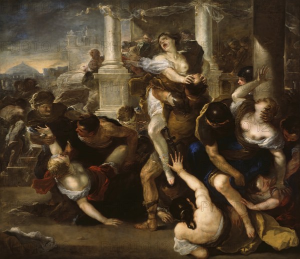 Luca Giordano (b. 18 October 1634, d. 3 January 1705), called Fa Presto, Italian painter and etcher of the Baroque period, The Abduction of the Sabine Women (1675-80), Painting, Reproduction of the painting in its original state, Work of art, Historical, Dramatic scene with soldiers and woman in a chaotic environment