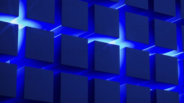 Cube structures create a captivating geometric arrangement highlighted by blue light, showcasing modern design concepts and technological inspiration