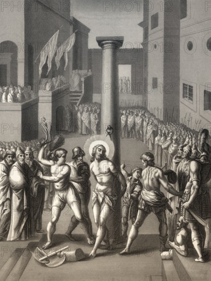 The Flagellation of Christ, New Testament, steel engraving 1853, digitally restored
