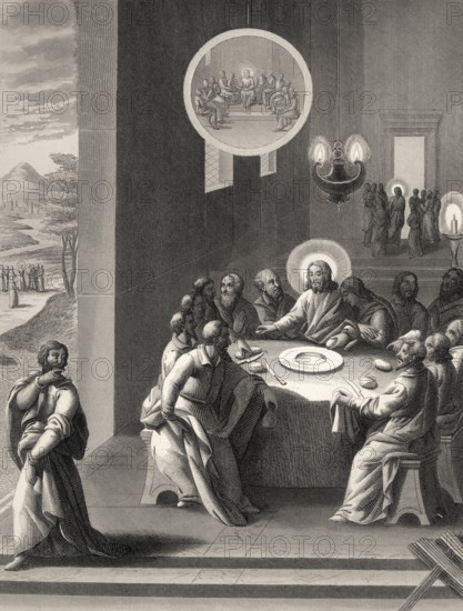 Judas Iscariot retiring from the Last Supper, New Testament, steel engraving 1853, digitally restored
