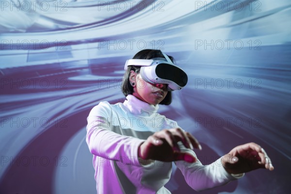 A Latin woman wearing virtual reality glasses engages with an immersive digital environment. Her focus and gestures suggest full immersion in a virtual world experience
