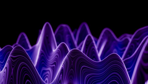 An artistic 3D-rendered image displaying flowing waves in various shades of purple against a dark backdrop, ideal for creative or modern design backgrounds