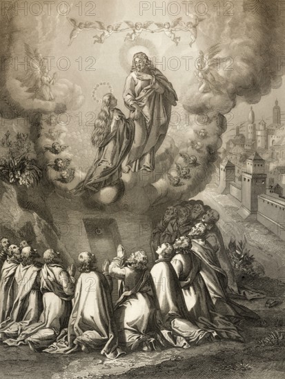The Assumption of Mary into Heaven, Steel engraving 1853, digitally restored